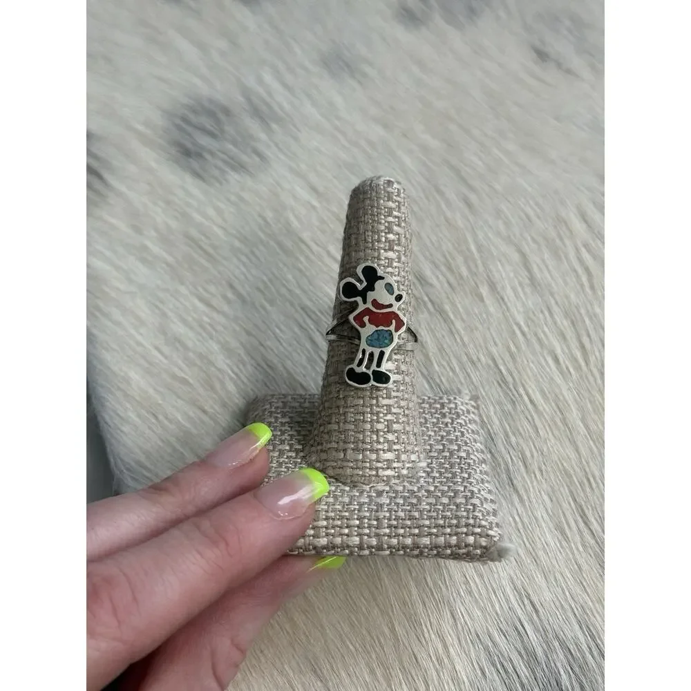 Sterling Silver Crushed Inlay Mickey Mouse Character Ring Turquoise Coral Onyx